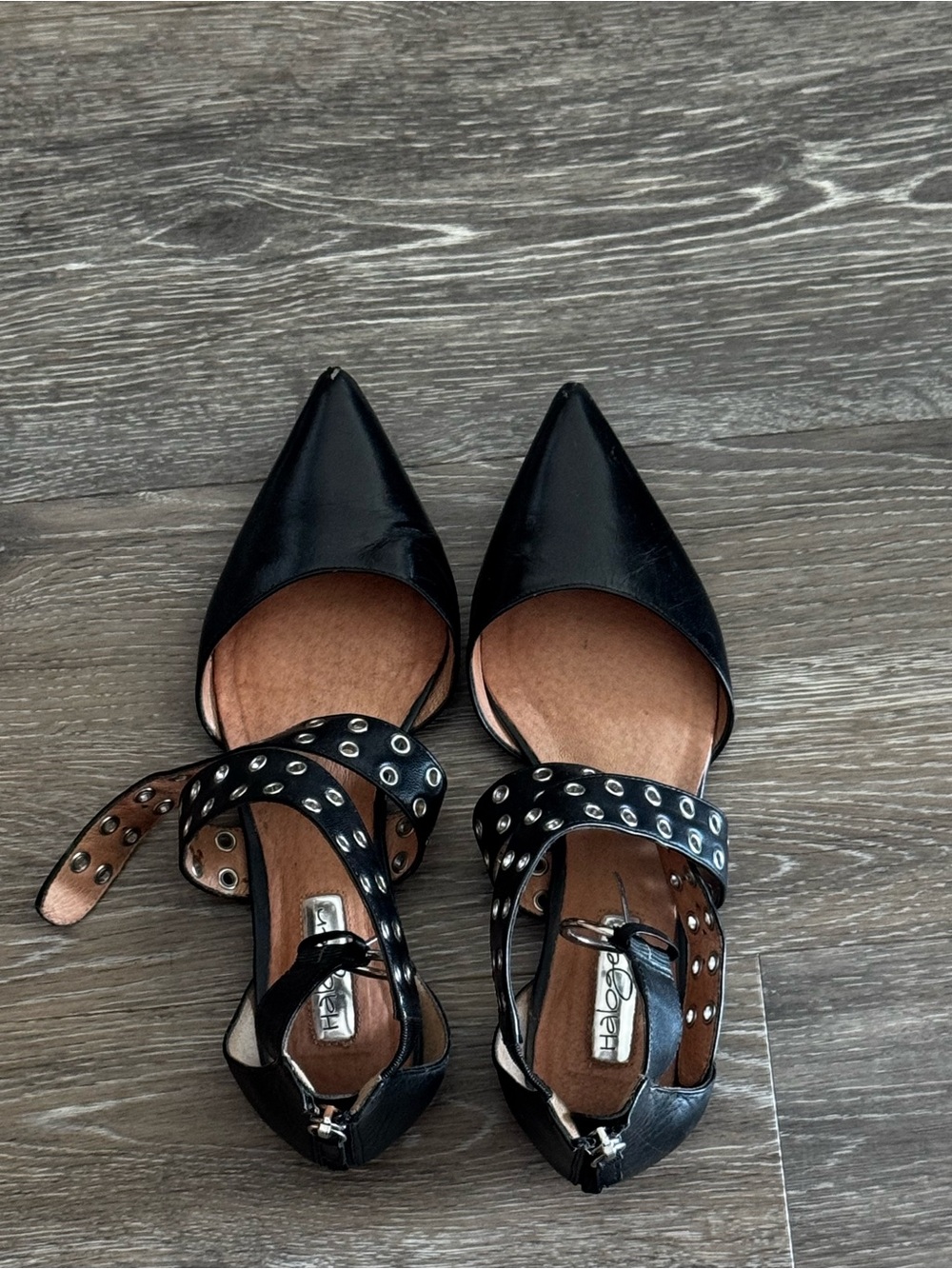 Halogen Black Pointed-Toe Ankle Strap Ballet Flats with Grommet Detail